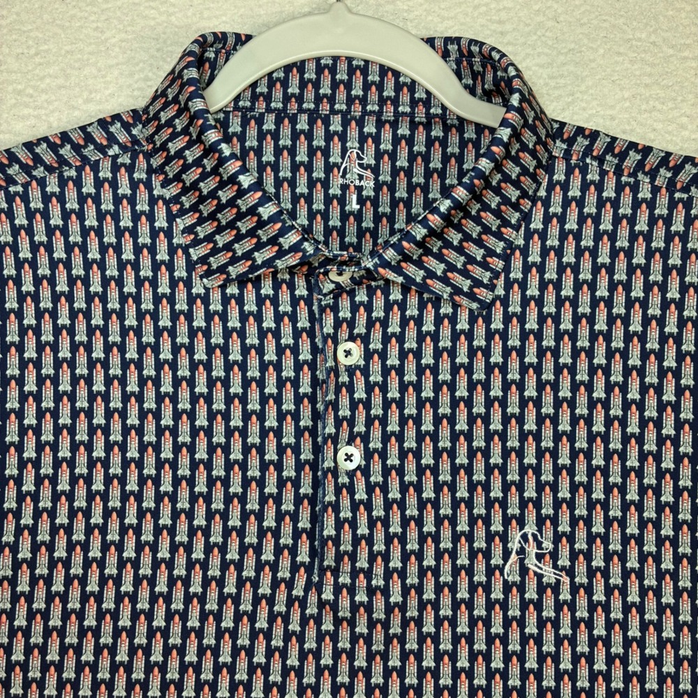 Rhoback Polo Shirt Men L Blue Space Shuttle Rocket AOP Golf Performance Stretch